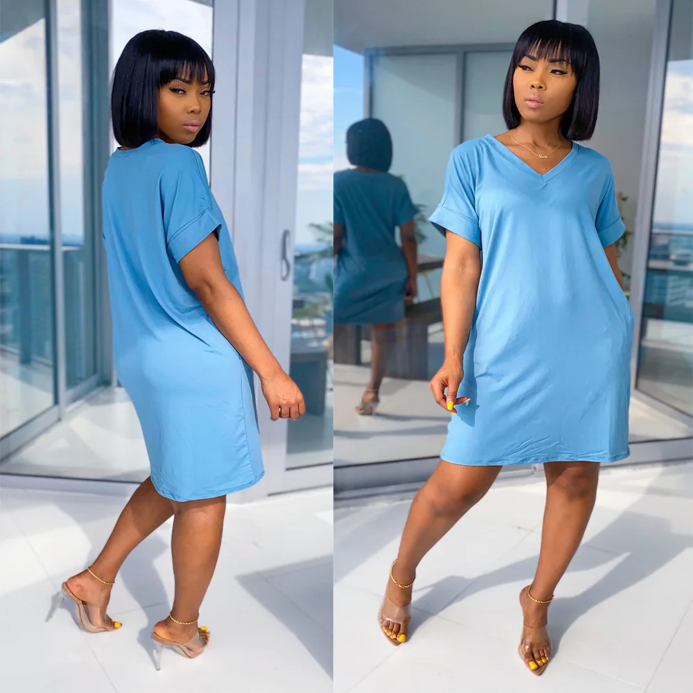 Custom LOGO V Neck Lady Dress 2023 Summer Women Clothing Dress Candy Color Short Sleeve T Shirt Casual Dresses