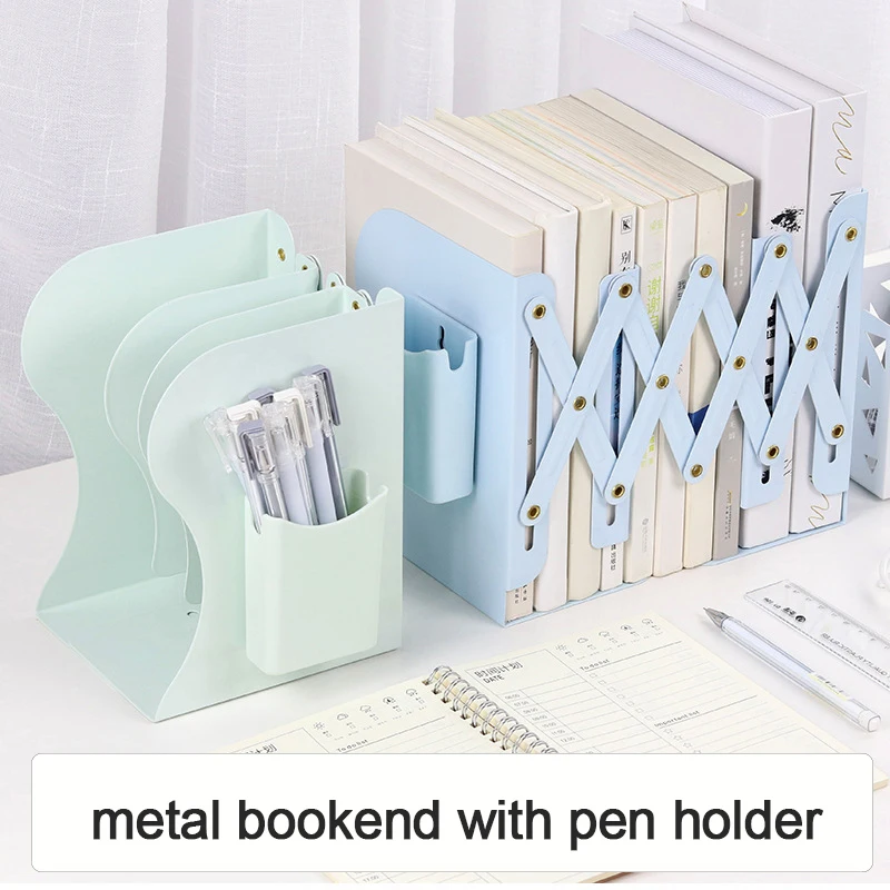 BEYOND Professional manufacturer free design sample low MOQ custom extendable metal book bookends with pen holder
