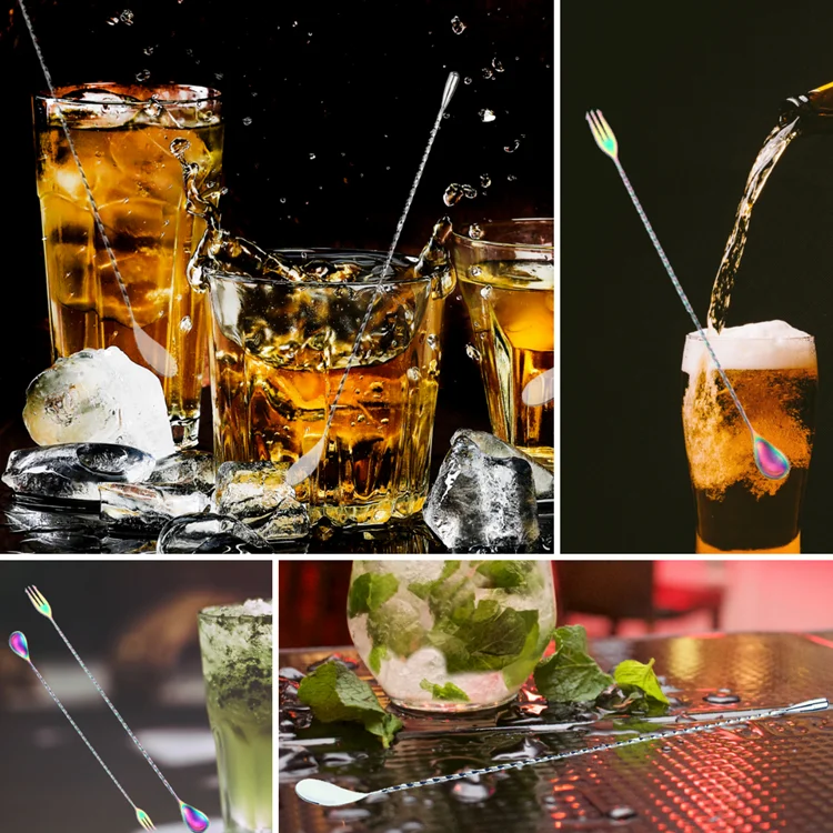 Long Handle Stainless Steel Bar Cocktail Stirring Twisted Spoon Fork drink mixing spoon with fork