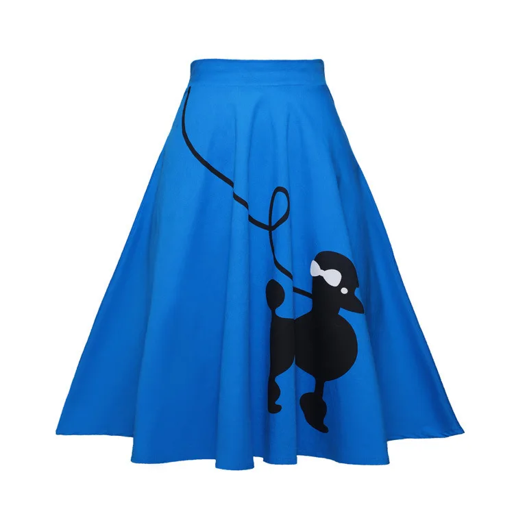 Pin up 50s Cute Dog Print Vintage Yellow High Waist Skirts Womens Cotton a Line Knee Length Retro Swing Skirt