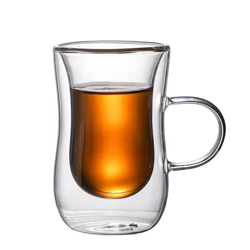 Wholesale Customized Logo Large 80ml Clear  Double Wall Glass Coffee Tea Cups Mugs With Handle