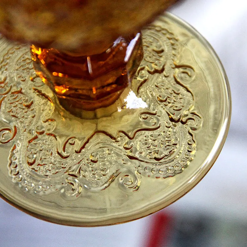 Retro relief red wine glass European style machine pressed texture glassware color water cup thick amber glass goblet