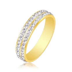 Fashion Stainless Steel 2 Row Lines Rhinestone Ring Clear Crystal Exquisite 18K Gold Plated Wedding Couple Ring Jewelry