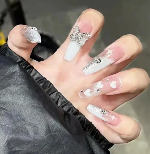 new trendy cheap butterfly designed false nails almond acrylic diy vegan non-toxic gel polish press on nails 24pcs set