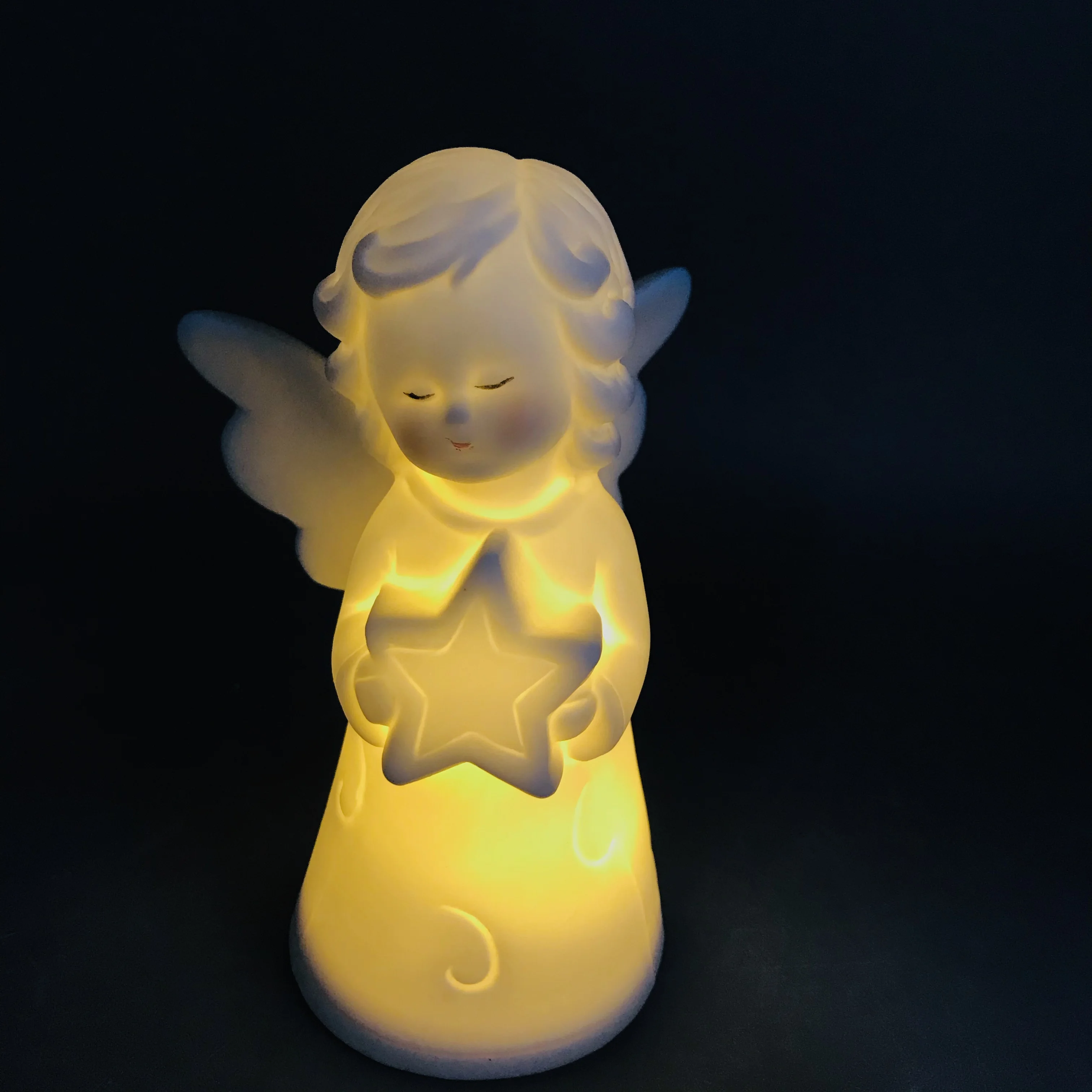 New arrival Christmas decoration ceramic white angel LED with star
