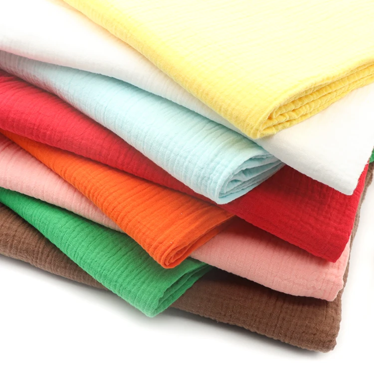 Many color plain dyed 100% cotton woven pleated crepe airflow double gauze fabric for baby dress sleepwear