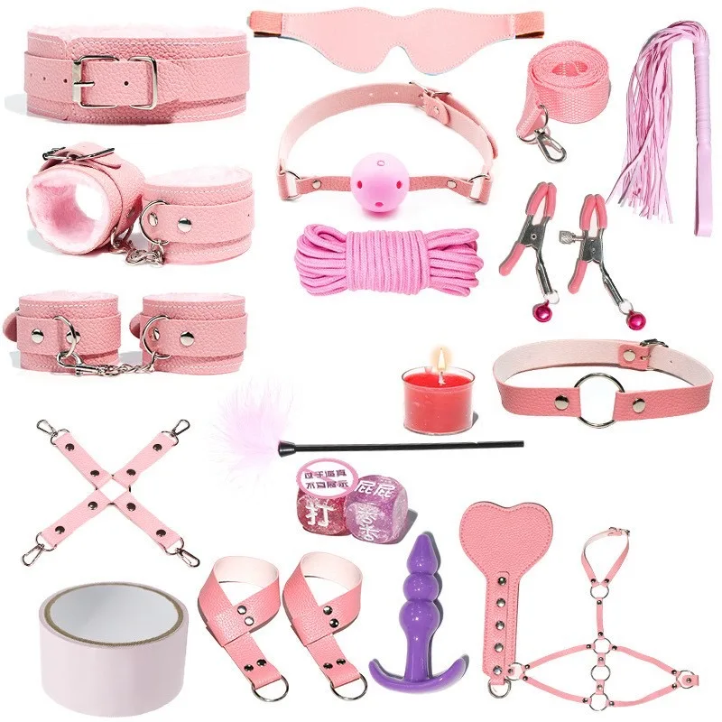 18 piece set Leather Bondage Kit SM Passion Fetish Bed Restraints BDSM Handcuffs Gag Whip Collar Sex Play Bondage Set