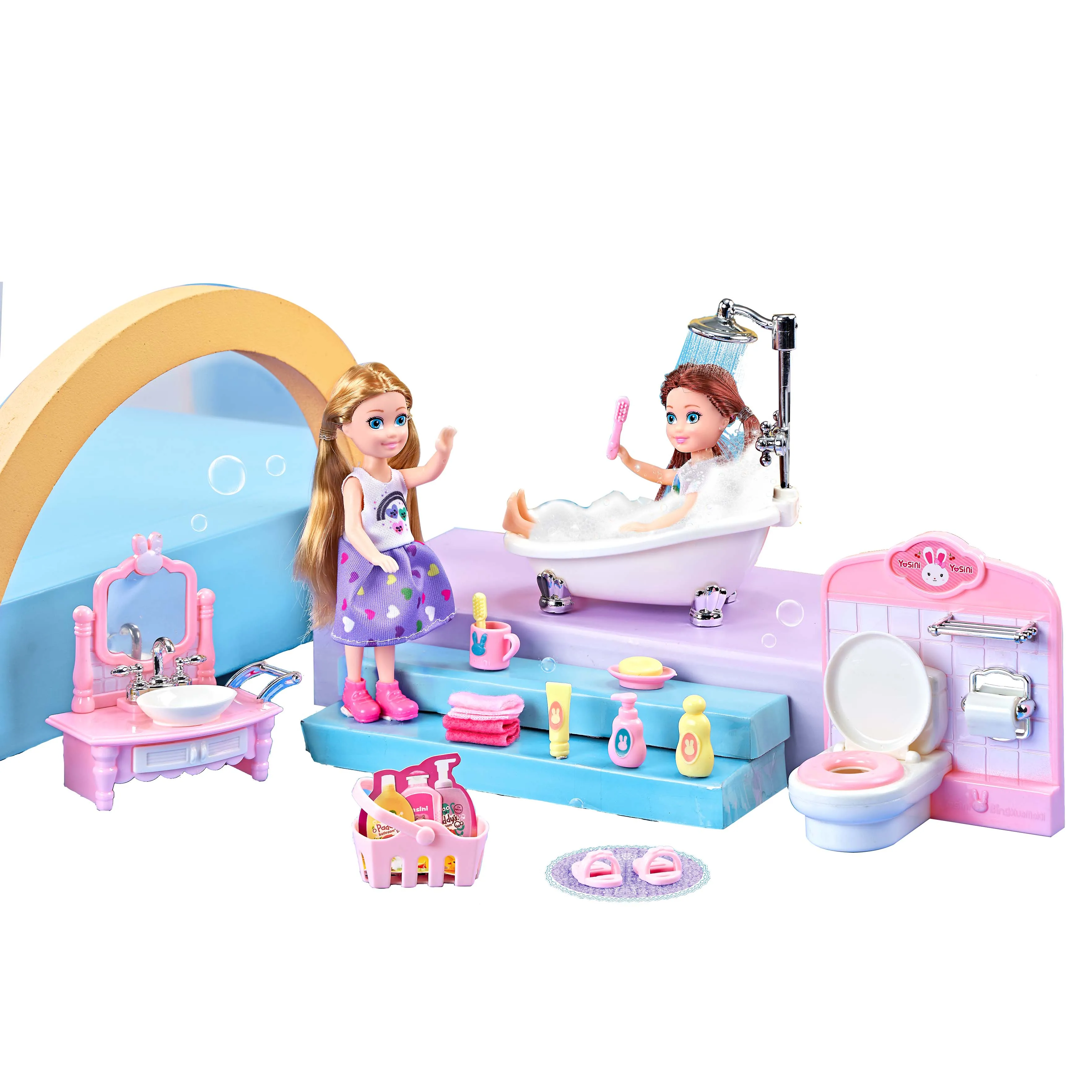 2024 Hot sale 2 in 1 simulated life girl furniture doll house toys pretend play plastic bathroom doll house toys for girls