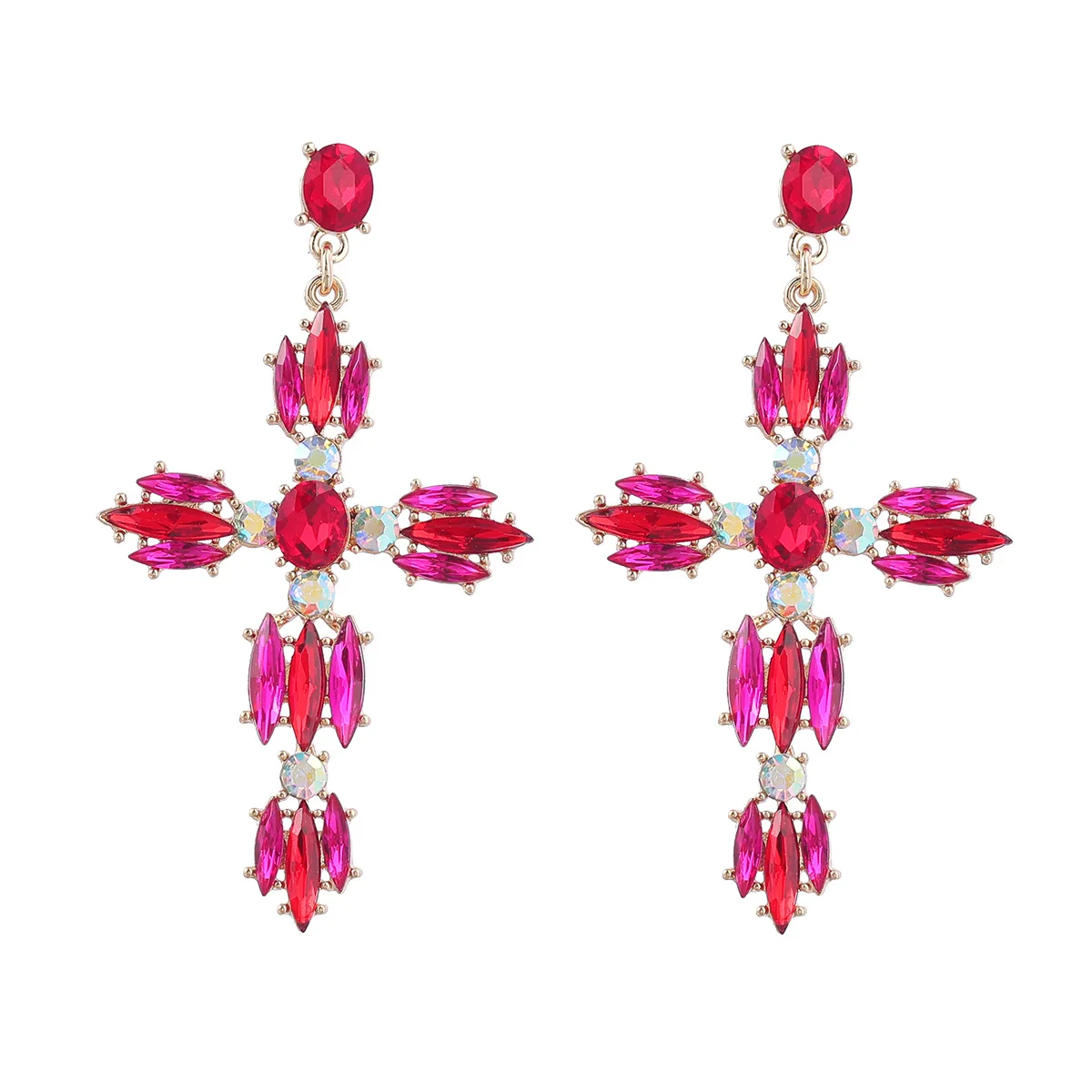 Trendy Multicolor Big Cross Stud Earrings Large Statement Crystal Dangle Earring Rhinestone Fashion Wedding Party Shiny Jewelry