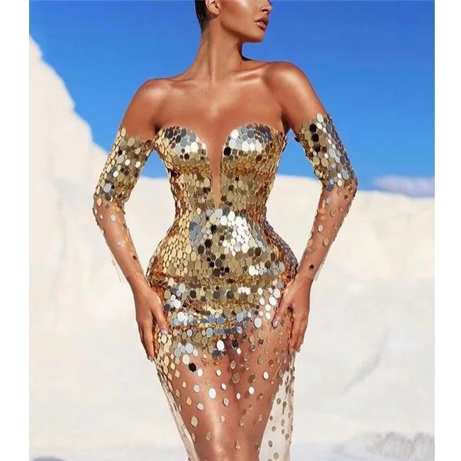Manufacturer Sequin Dress Glitter Deep Beads Tulle Oem Custom Sexy Shiny Purple Women Midi Sequin Dress