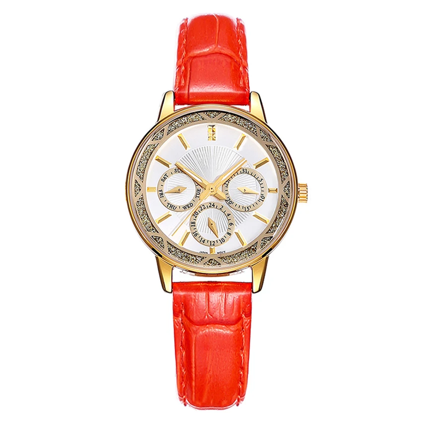 Fashion cow leather strap double calendar 24 hours show Miyota movement waterproof men quartz watch