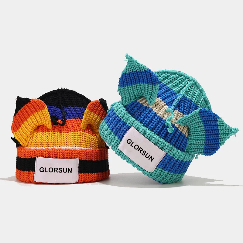 Wholesale Cute Pig Ears Patchwork Knitted Hat Unisex Clashing Colors Applique Winter Knitted Warm Y2K Beanie Hat