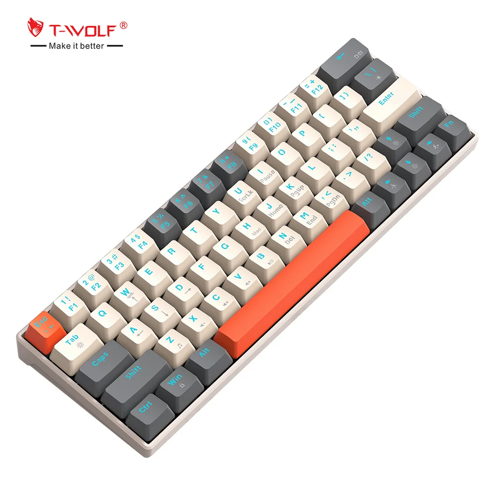 T-WOLF T60 60% Hot Swappable Wired Mechanical Keyboard 63 Keys RGB Backlit Blue Switch Gaming Keyboard Anti-Ghosting