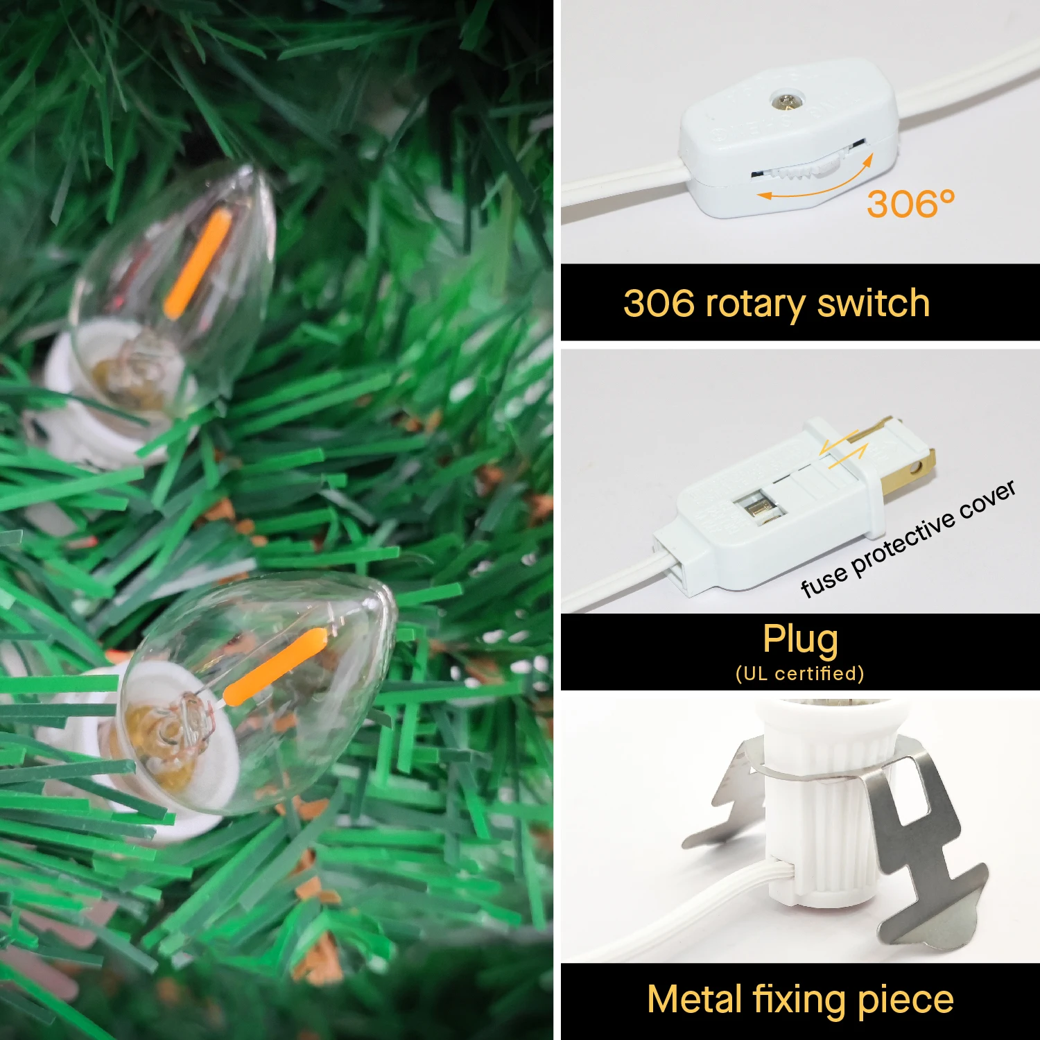 Accessory White switch lamp cord clip with c7 LED Light Bulbs cord