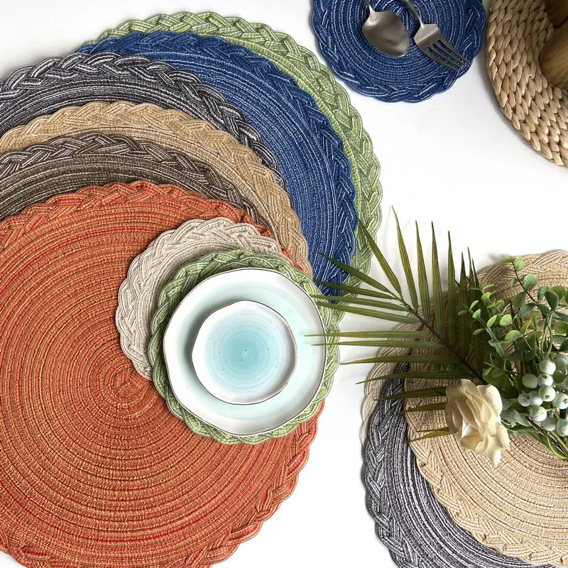 Set of round Woven Braided Placemats for Dining Table Wedding Rope Tablemats Kitchen Table Place Mats-Paper Bamboo Coasters