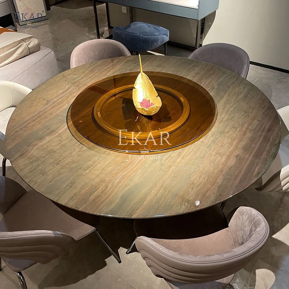 Modern Luxurious Pink Jade Marble round Dining Table with Antique Brass Base for Kitchen Hotel or Hall Dining Room Furniture