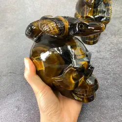 Customized product hand carved crystal skull with snake art sculpture folk crafts tiger eye skull for decoration