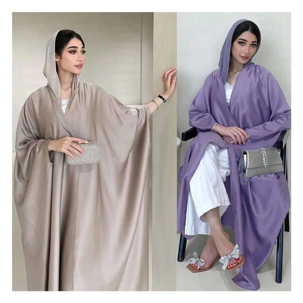 Wholesale Dubai Abaya 2024 Turkish EID Modest Islamic Clothing Elegant Bat Sleeves Satin Open Abaya Women Muslim Dress Kaftan maxi dress ladies muslim
