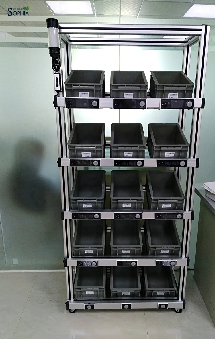 Sophia storage bin pick to light PTL modules with screen display for rack shelf