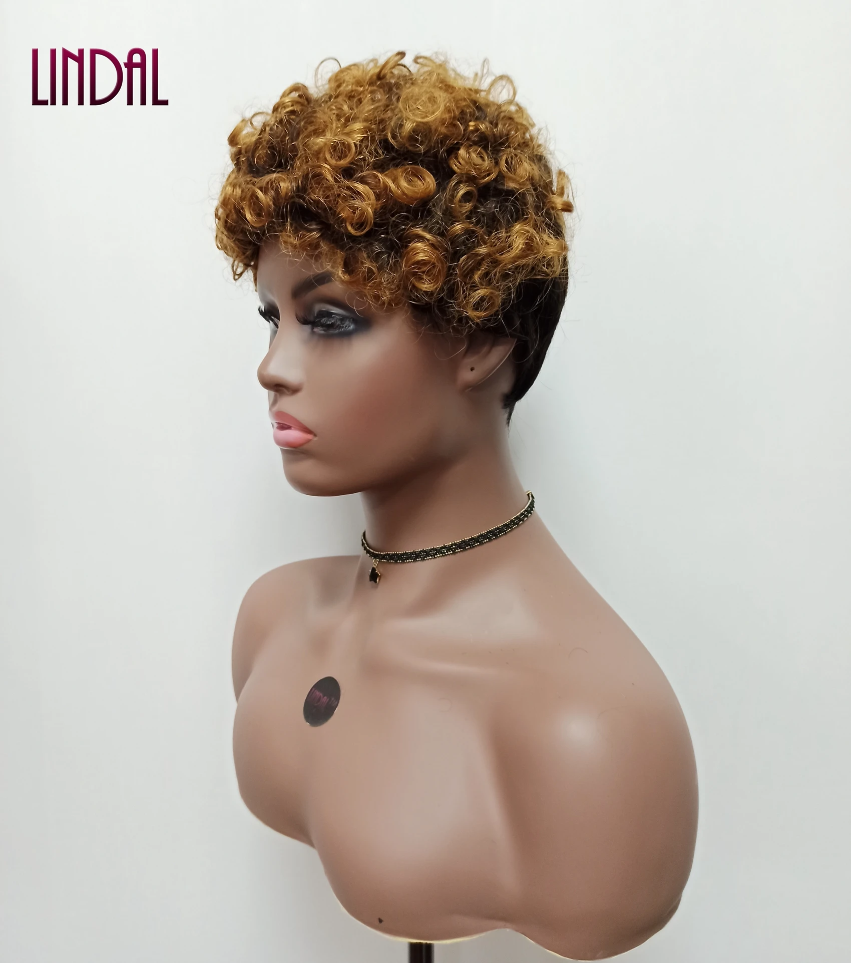 LINDAL machine made pixie curly wigs mongolian afro kinky curly wig ombre brown glueless peruvian bob wigs lace front pixie