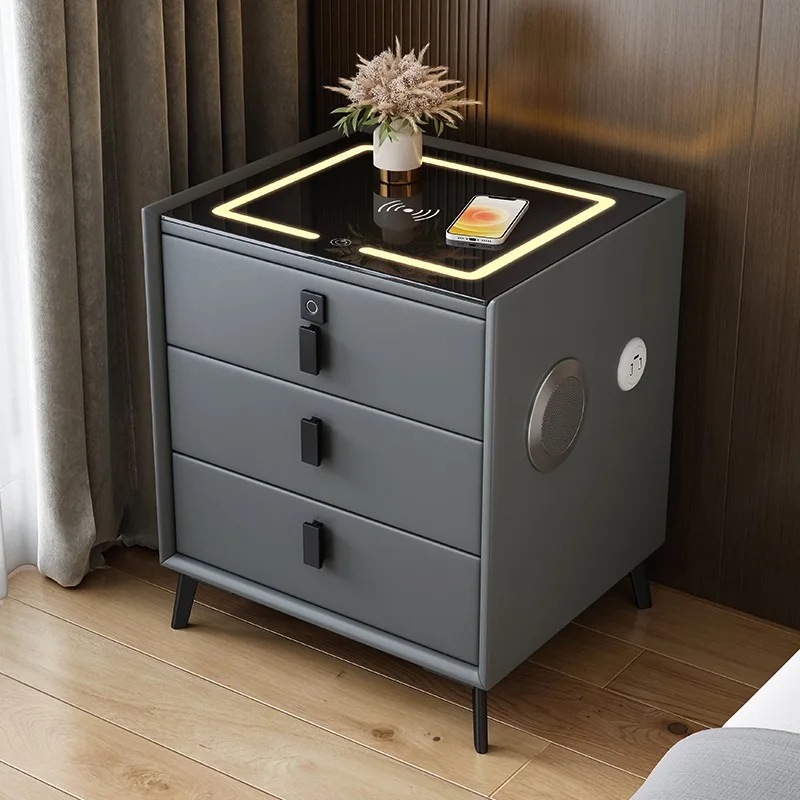 Smart Wooden Safe Luxury Modern With Three Drawer Leather Multifunctional Smart Bedside Table With Speakers