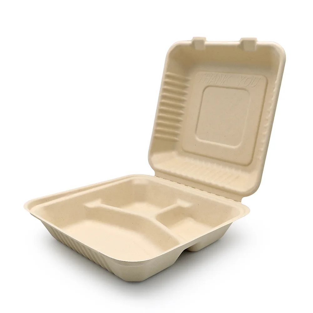 1000ML biodegradable packaging tableware 2 compartment clamshell  containers bagasse paper pulp takeaway  lunch box