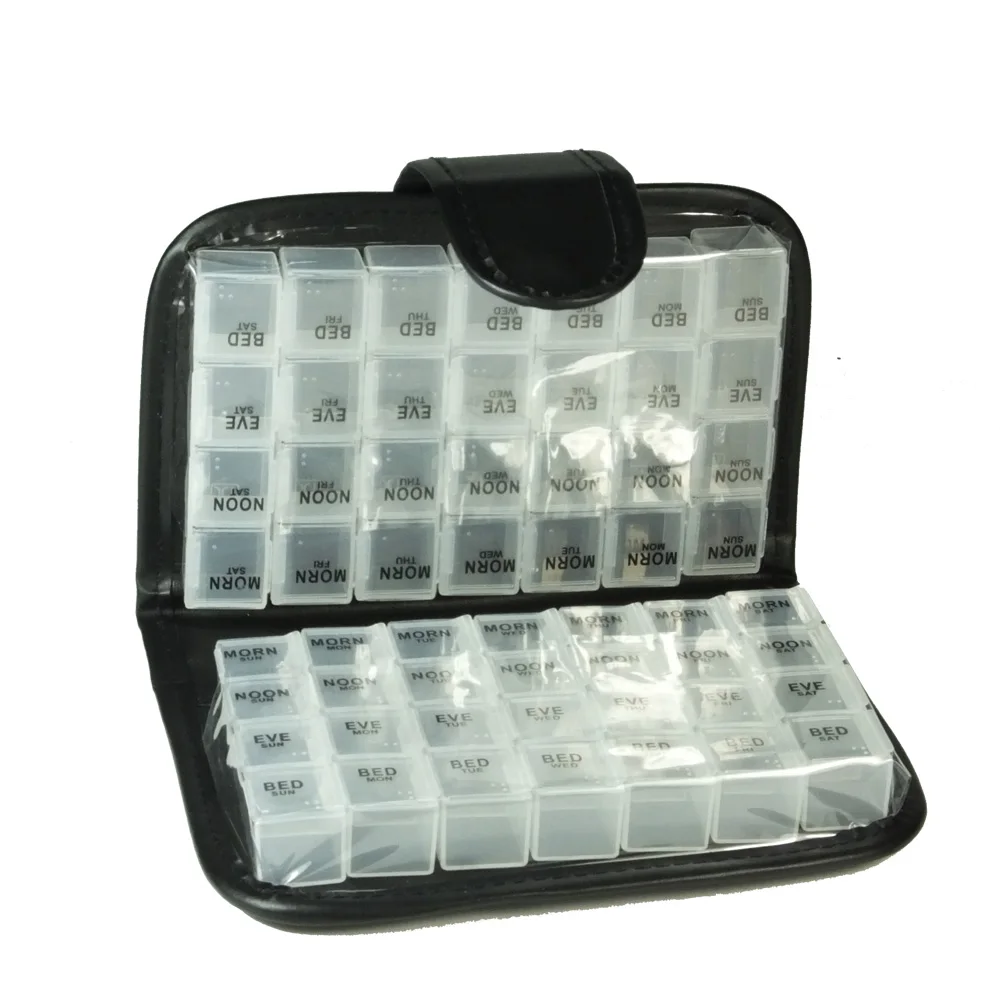 14 Day Pill Box with Leather Case, Weekly Pill Organizer, Prescription & Medication Reminder Pill Box