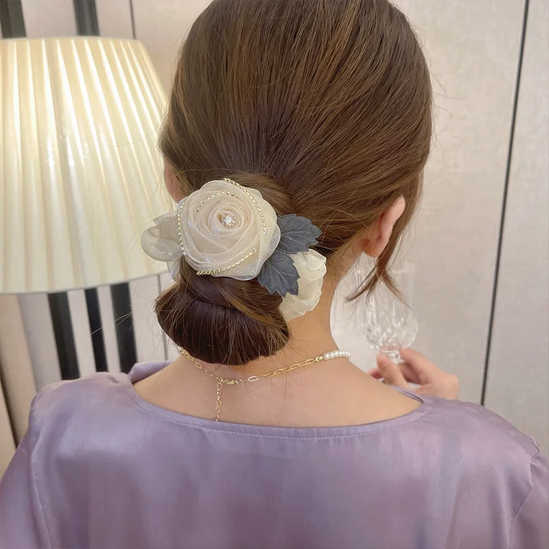 Vintage Elegant Hair Rope Solid Color Hair Ring Flower Elastic Rubber Band Ponytail Fashion Simple Hair Accessories