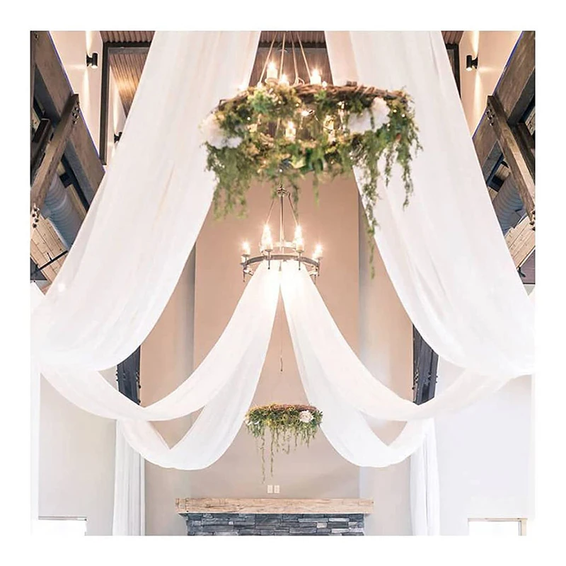 Modern 2pcs Luxury Steel Wedding Backdrop Stand White Chiffon Ceiling Wedding Drape Curtain for Party Event Decoration