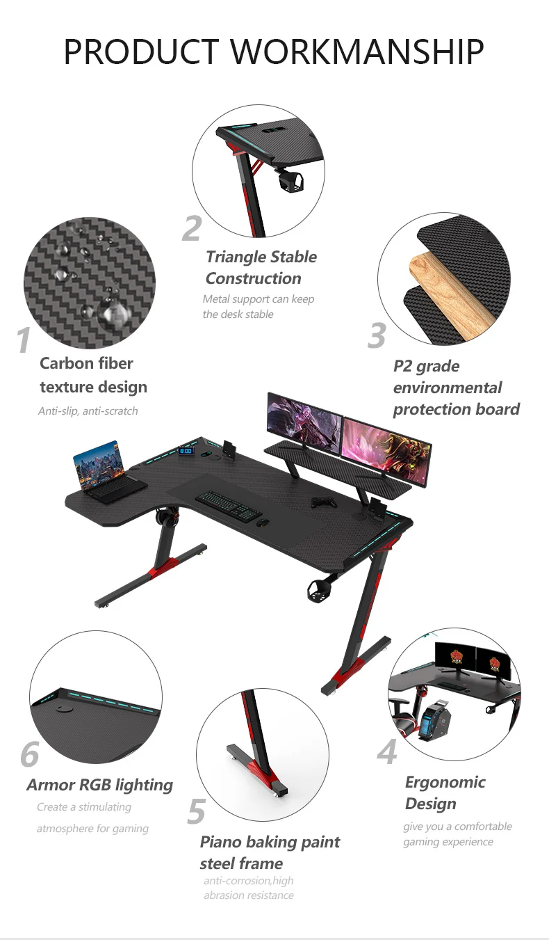 AOR ESPORTS Ergonomic Gaming Desk L Shaped Computer Table for Home Office Gamer Workstation With RGB Light