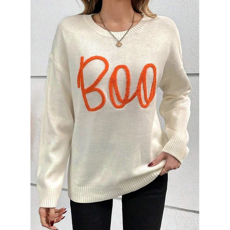 Dear-Lover New Fashion Wholesale Boo Pattern Ribbed Edge Drop Shoulder Knitted Crewneck Sweater