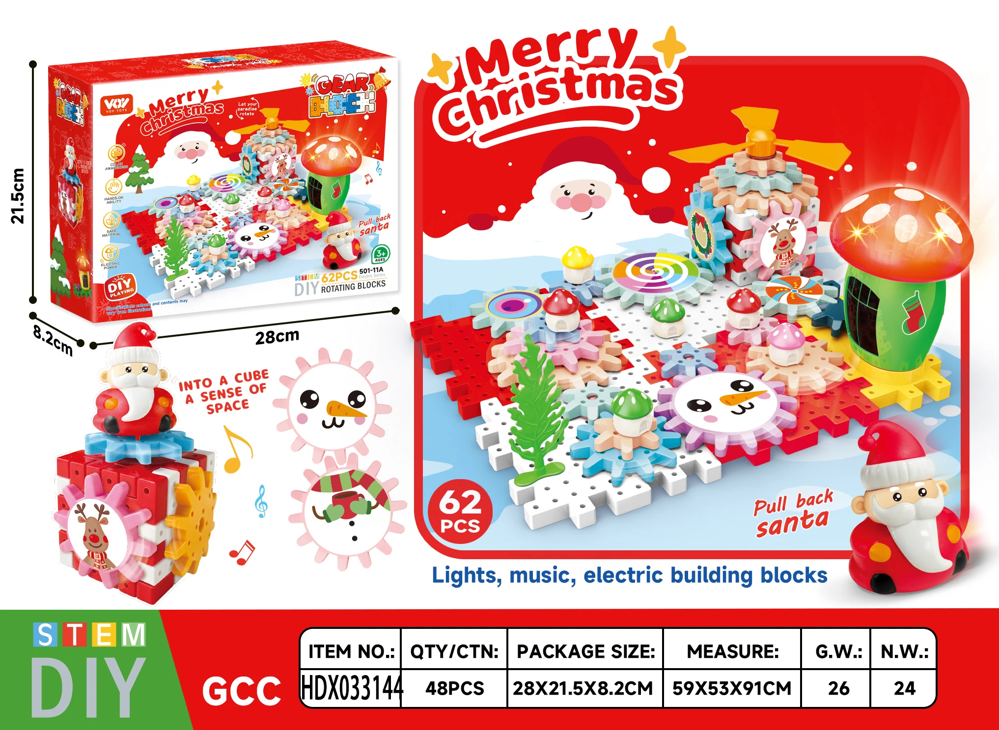 Educational Puzzle diy STEM christmas santa brick set toy 57pcs Motorized Spinning Gears Building Blocks Toys