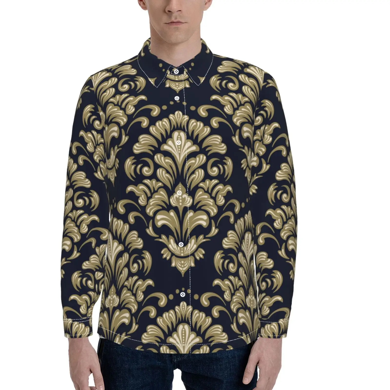 2022 Wholesale OEM Summer Custom Design Printed Vintage Pattern Casual Turndown Men Long Sleeve Shirts