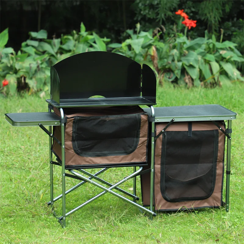 Folding Cooking Table Outdoor Portable Aluminum Camping Kitchen with Storage Organizer Windscreen Hook for BBQ Party