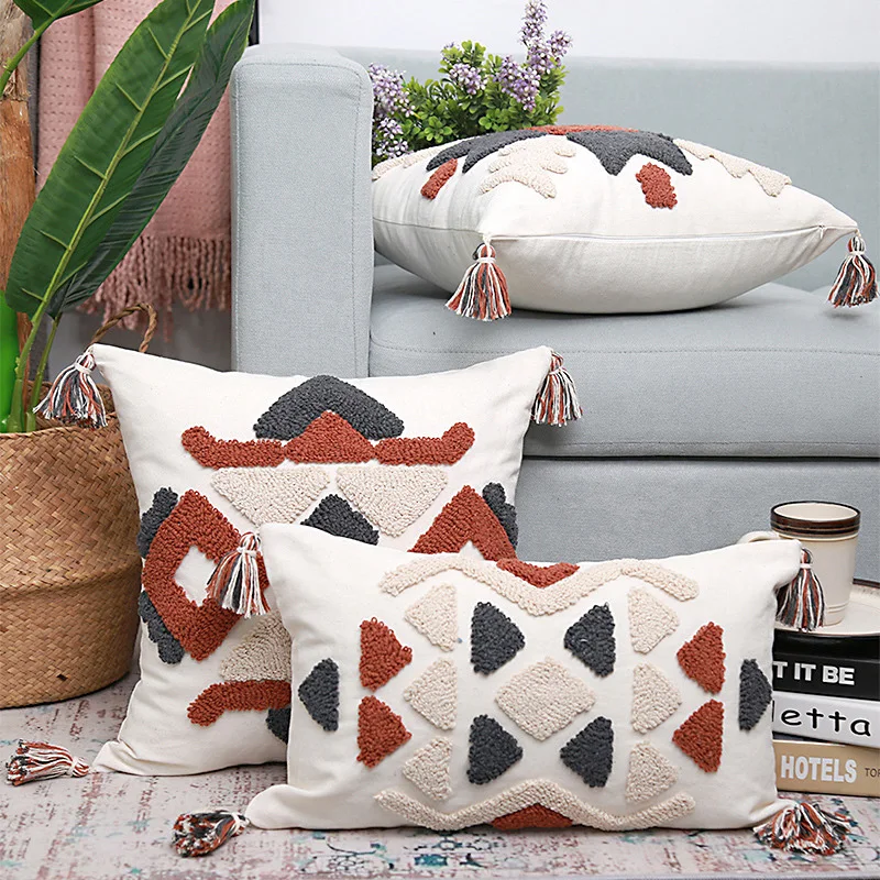 Modern Decorative Geometric Cushion with Tassels Tufted Boho Throw Pillow Cover
