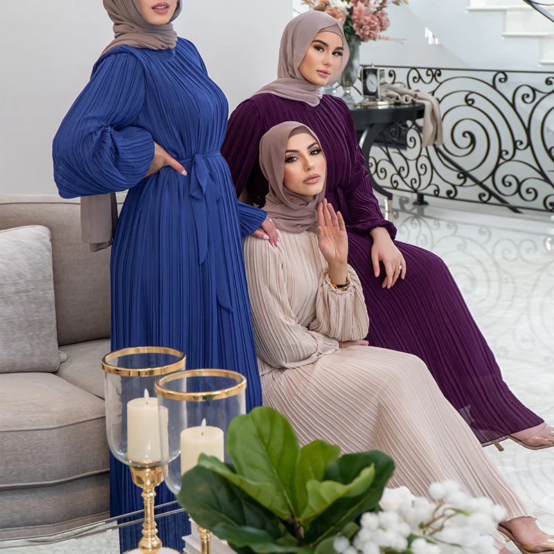 Customized Premium Islamic Ethnic Clothing Dubai Muslim Ladies Pleated Chiffon Belted Ramadan Abaya Hijab Dress Kaftans Robe