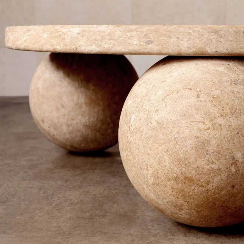 Home Furniture Special Unique Design Natural Stone Beige Travertine Round Coffee Table with Three Travertine Balls Base