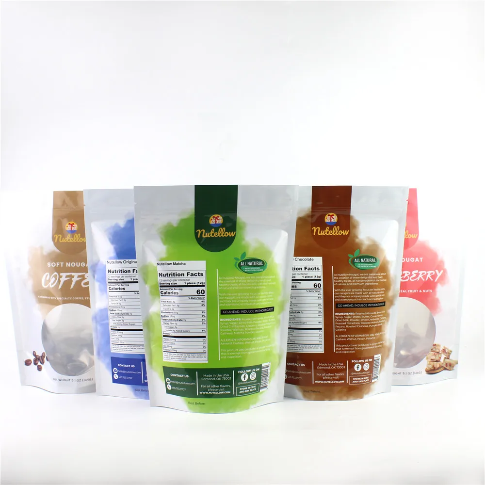 Custom printed moisture proof snack bags resealable stand up zipper bag with clear window