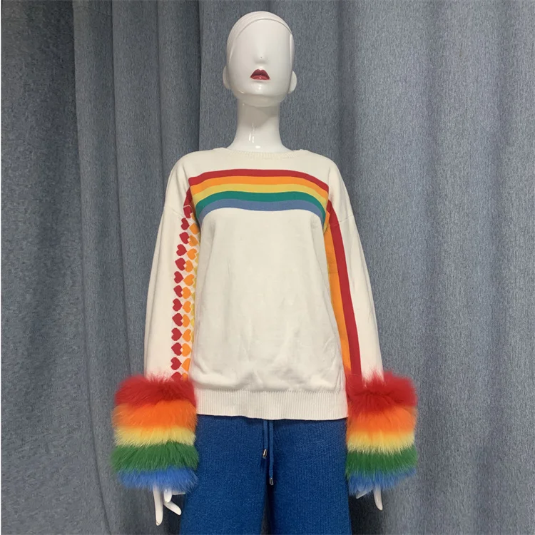Spring fashion girls lovely real fur sweater custom rainbow color cuff designer popular women sweater