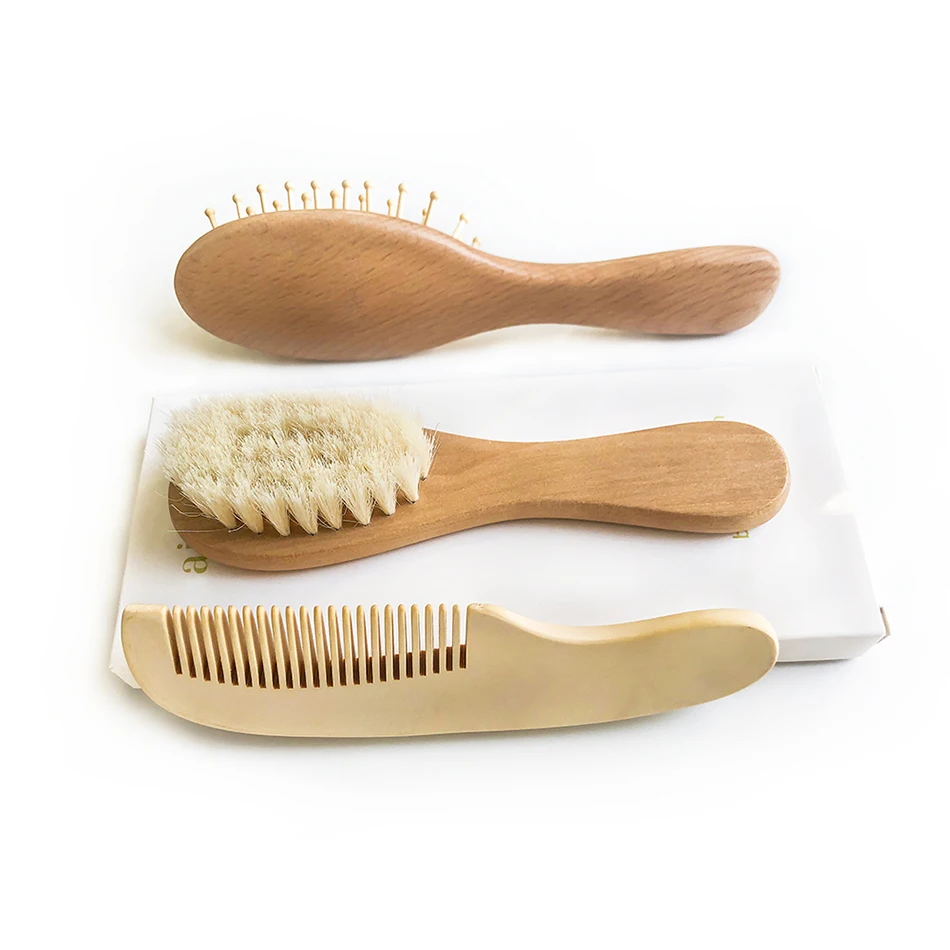 High Quality Natural Soft Goat Bristles Wood Baby Hair Extension Brush Newborn Wooden Baby Brush and Comb