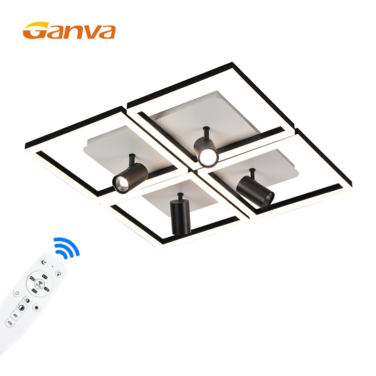 Modern Indoor Decorative Surface Mounted Remote Control Dimmable Four Spotlight Square Acrylic Frame LED Ceiling Light