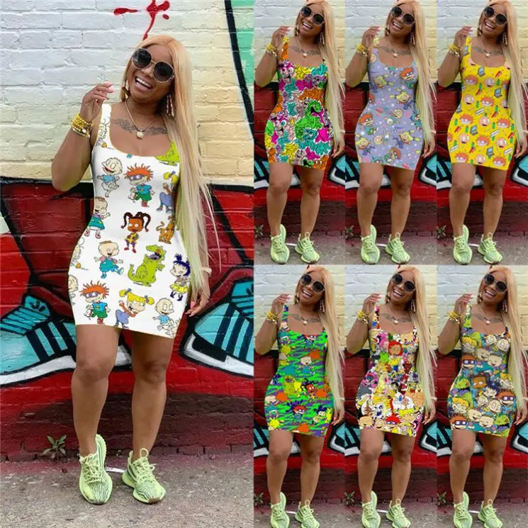 rugrats Hot selling Cartoon printing Lady Elegant Summer Sexy fashion casual Clothes Women Girls' Casual Dress