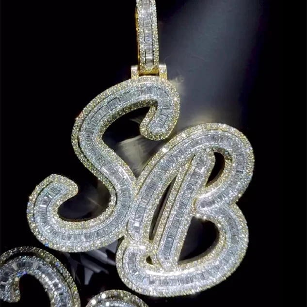 Luxury Mossanite Pendant Iced Out Hip Hop 925 Silver Two Tone Initial Letter Baguette VVS Moissanite Pendant