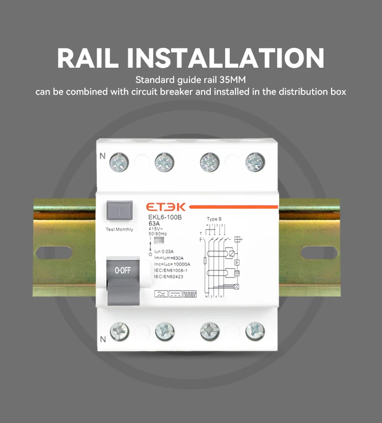 ETEK  EKL6-100B Type 2P 1P+N 3P+N 4P 25A 40A 63A 100A 30MA 300mA B Type RCCB RCD