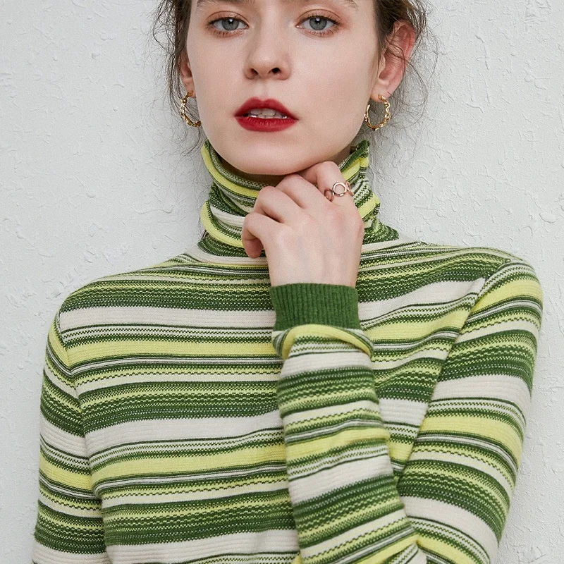 Hot Selling Stripe High Neck Autumn Winter Slim Long Sleeves Knit Pullover Sweater for Women