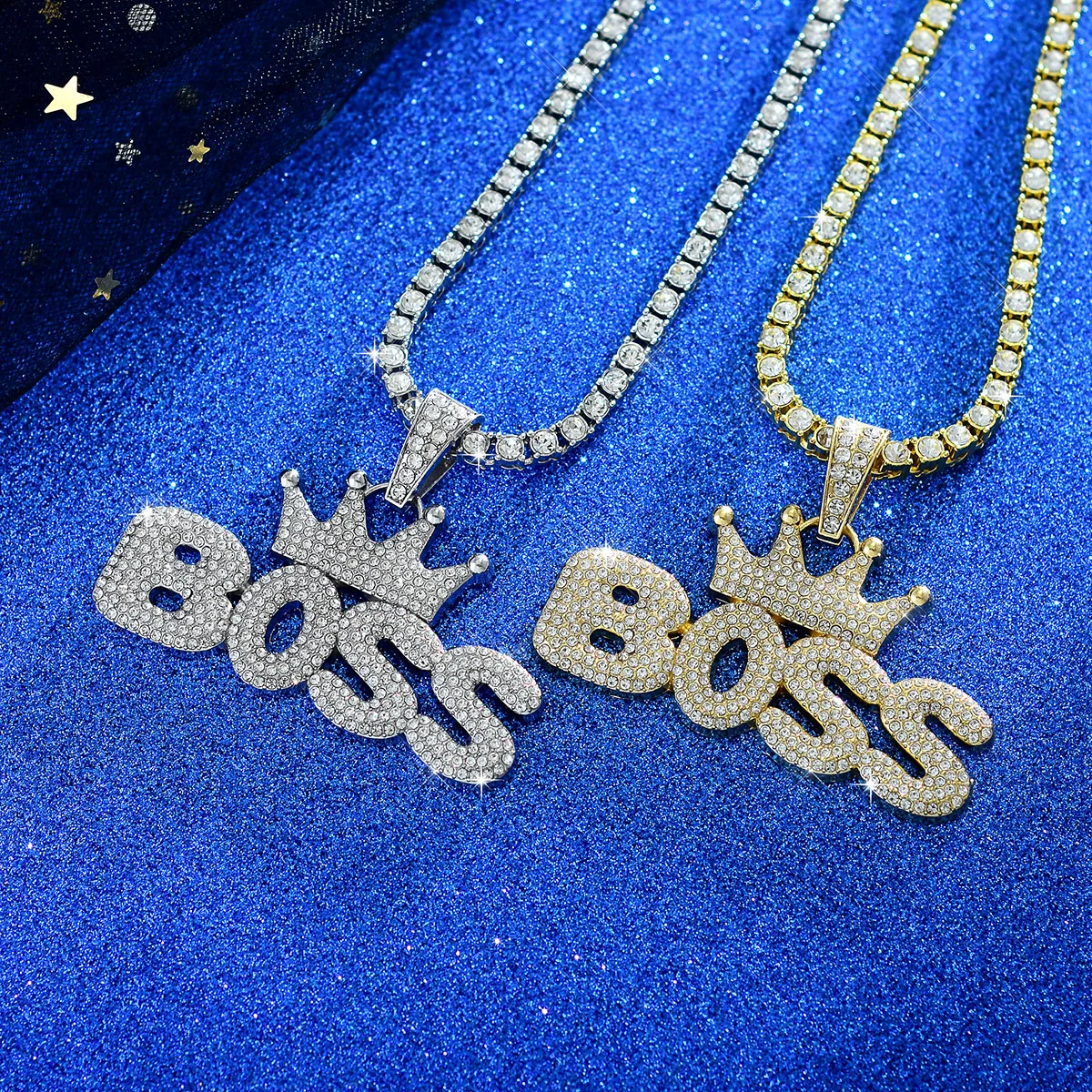 Iced Out Bling Men Hip Hop Jewelry Micro Paved 5A Rhinestone Crown Letter Boss Cool Sparking Rock Punk Pendant