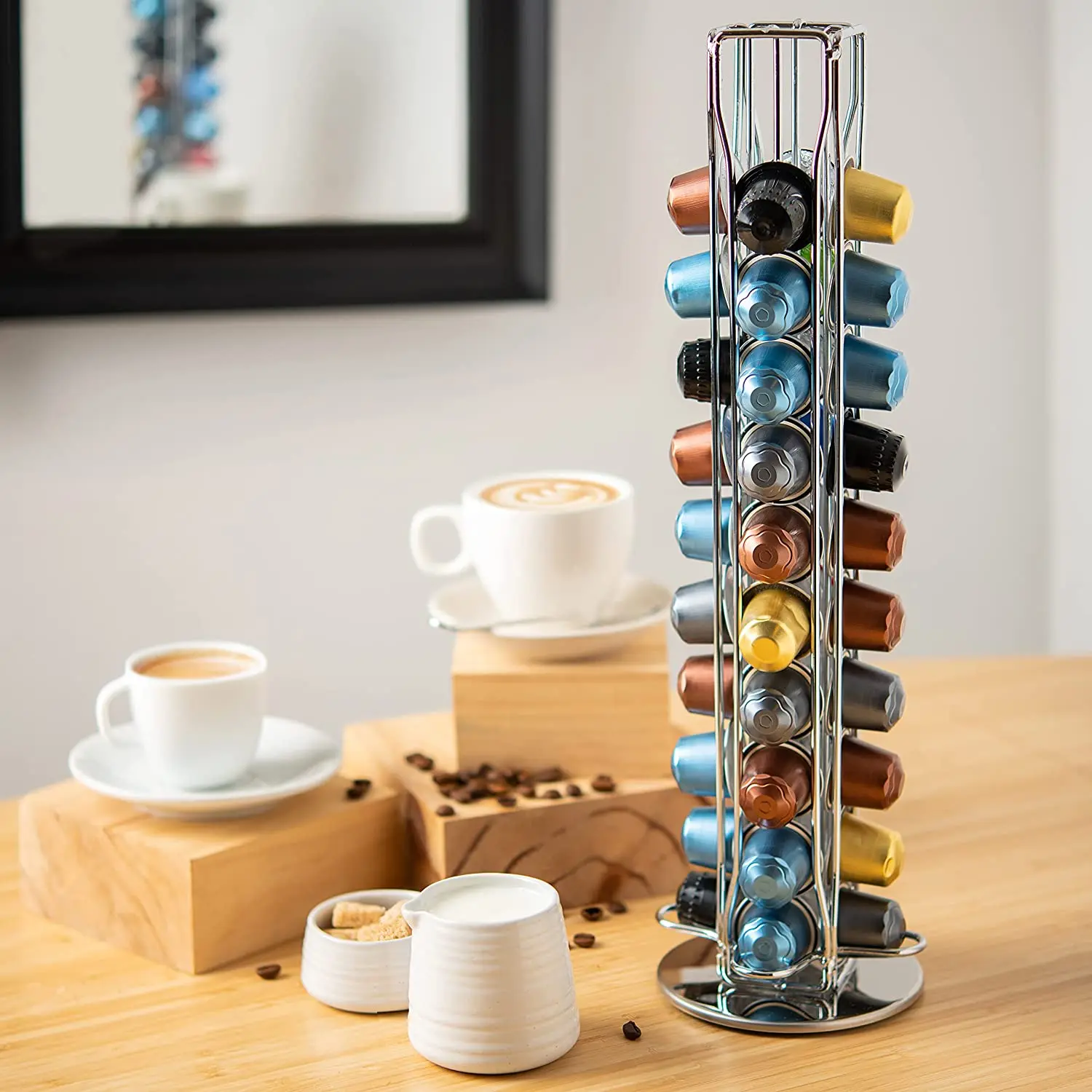Silver Metal Coffee Pod Carousel Capsules Holder Storage Organizer Rack Compatible with Nespresso Original Line 40 Pods