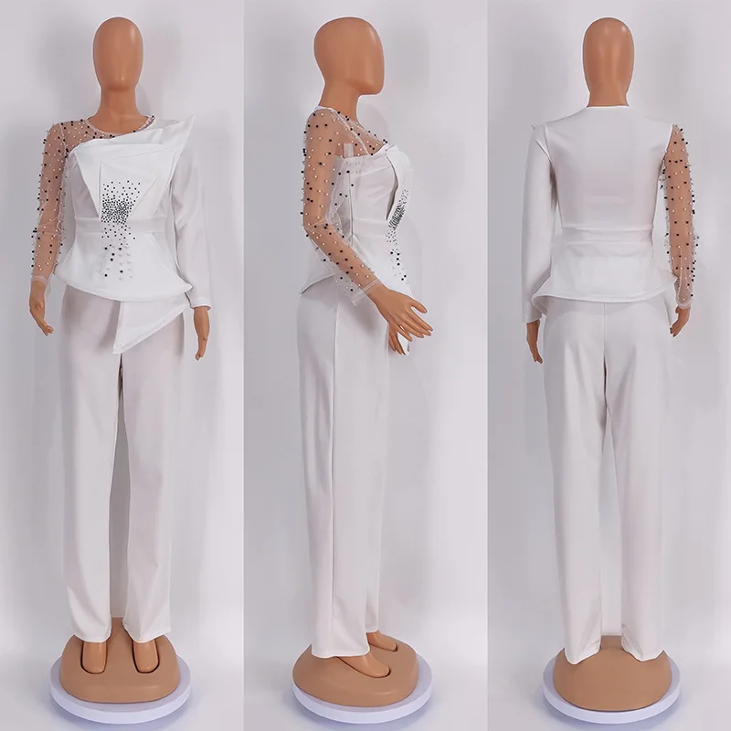 Fashion Elegant Plus Size Solid Color Mesh Stitching Bead Outfits for Women Wide Leg Pants Formal Suit Two Piece  Women