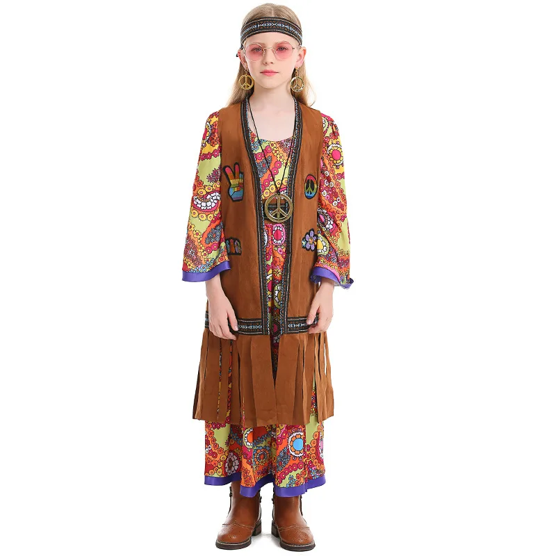 Children Girls Retro 70s Hippie Disco Singer Dancer Primitive Tribe Floral Dress Vest Set Halloween Cosplay Costumes Outfit