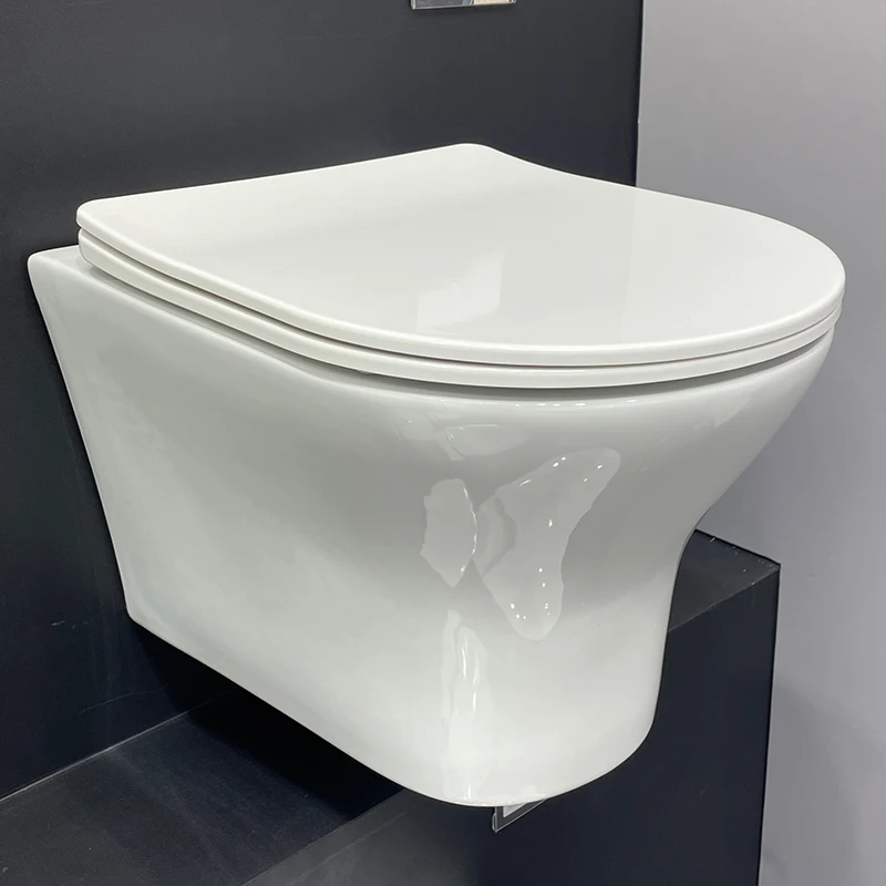 Hanging Wall Mounted Toilet Bowl One Piece Ceramic UF Material Soft Closing Seat Flush Pipe Component Modern Hotel Round 27-32kg